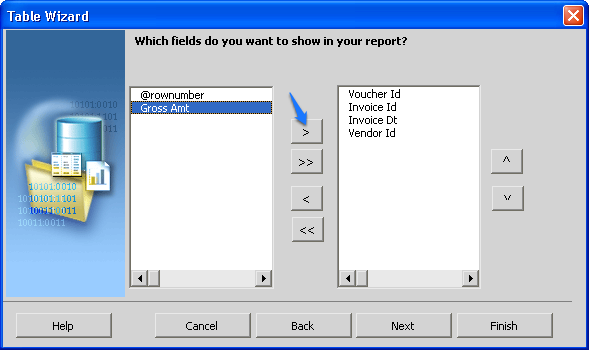 Table wizard Field Selection